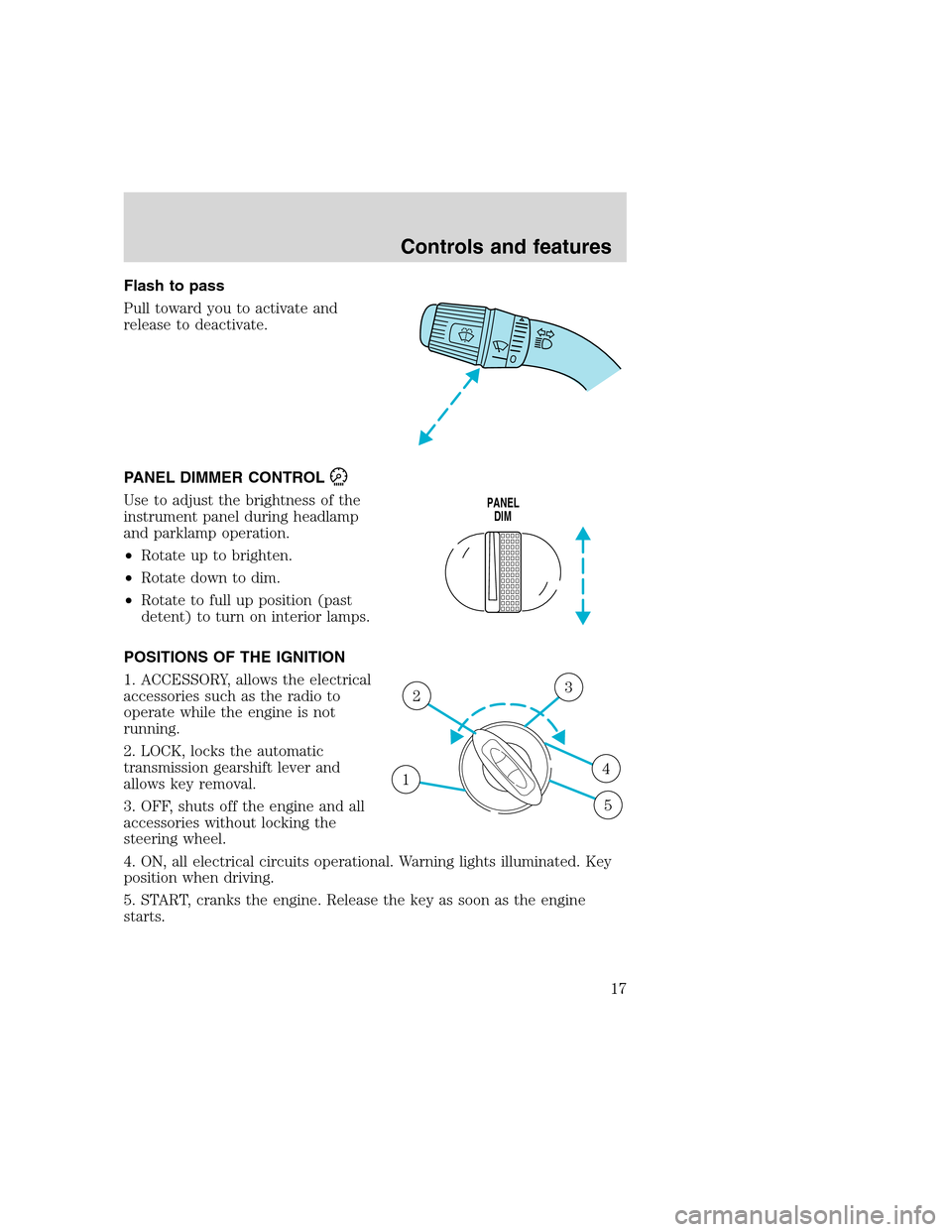 FORD F SERIES MOTORHOME AND COMMERCIAL CHASSIS 2000 10.G Owners Manual Flash to pass
Pull toward you to activate and
release to deactivate.
PANEL DIMMER CONTROL
Use to adjust the brightness of the
instrument panel during headlamp
and parklamp operation.
•Rotate up to b