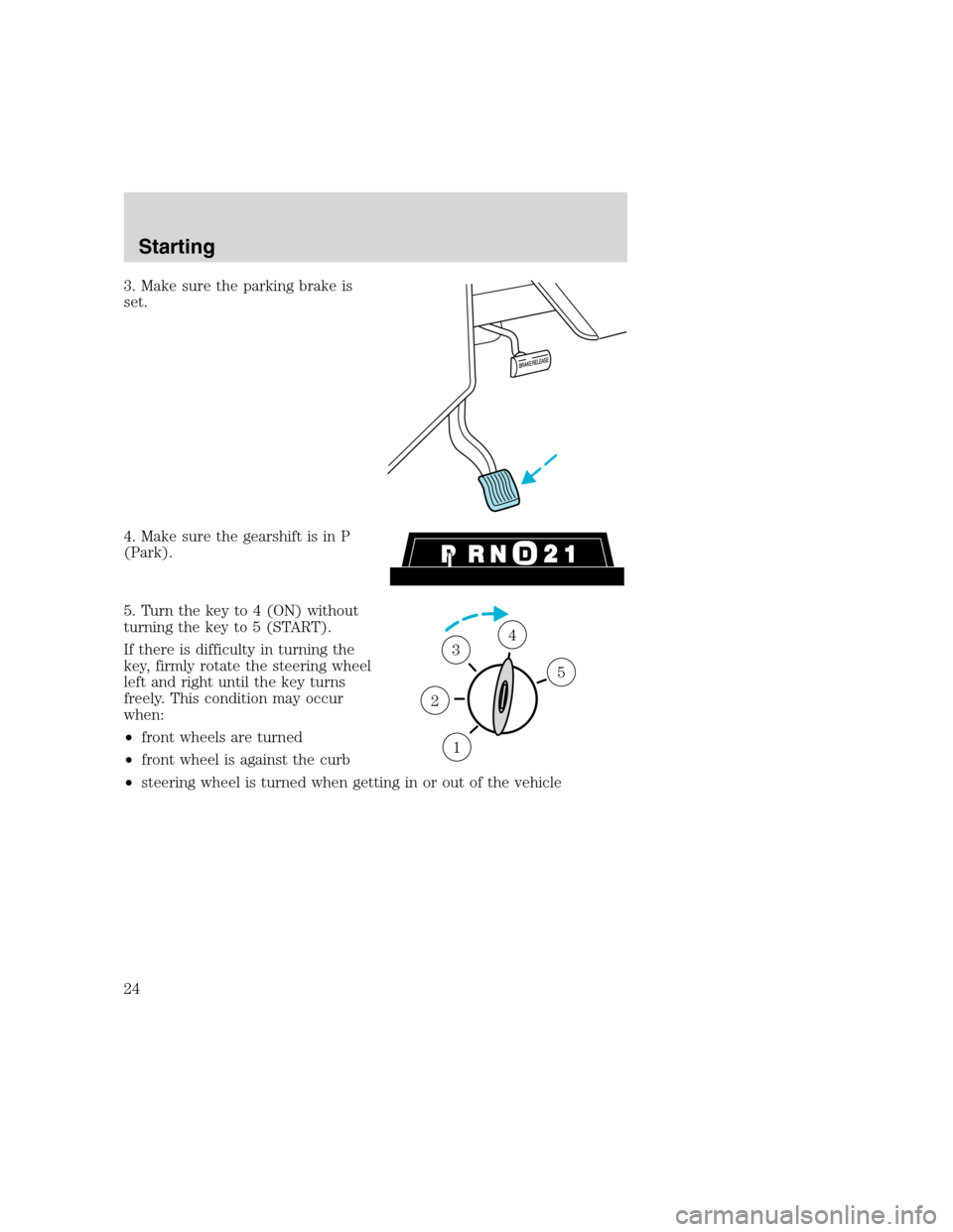 FORD F SERIES MOTORHOME AND COMMERCIAL CHASSIS 2000 10.G Owners Manual 3. Make sure the parking brake is
set.
4. Make sure the gearshift is in P
(Park).
5. Turn the key to 4 (ON) without
turning the key to 5 (START).
If there is difficulty in turning the
key, firmly rota