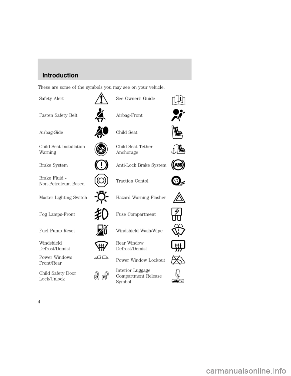 FORD F SERIES MOTORHOME AND COMMERCIAL CHASSIS 2000 10.G Owners Manual These are some of the symbols you may see on your vehicle.
Safety Alert
See Owner’s Guide
Fasten Safety BeltAirbag-Front
Airbag-SideChild Seat
Child Seat Installation
WarningChild Seat Tether
Anchor FORD F SERIES MOTORHOME AND COMMERCIAL CHASSIS 2000 10.G Owners Manual These are some of the symbols you may see on your vehicle.
Safety Alert
See Owner’s Guide
Fasten Safety BeltAirbag-Front
Airbag-SideChild Seat
Child Seat Installation
WarningChild Seat Tether
Anchor