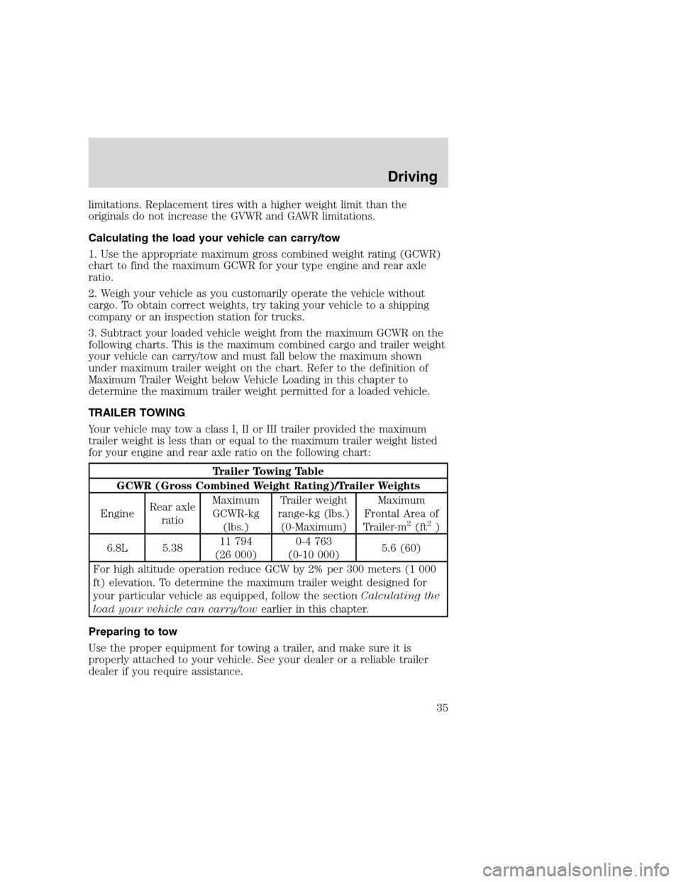 FORD F SERIES MOTORHOME AND COMMERCIAL CHASSIS 2000 10.G Owners Guide limitations. Replacement tires with a higher weight limit than the
originals do not increase the GVWR and GAWR limitations.
Calculating the load your vehicle can carry/tow
1. Use the appropriate maxim FORD F SERIES MOTORHOME AND COMMERCIAL CHASSIS 2000 10.G Owners Guide limitations. Replacement tires with a higher weight limit than the
originals do not increase the GVWR and GAWR limitations.
Calculating the load your vehicle can carry/tow
1. Use the appropriate maxim