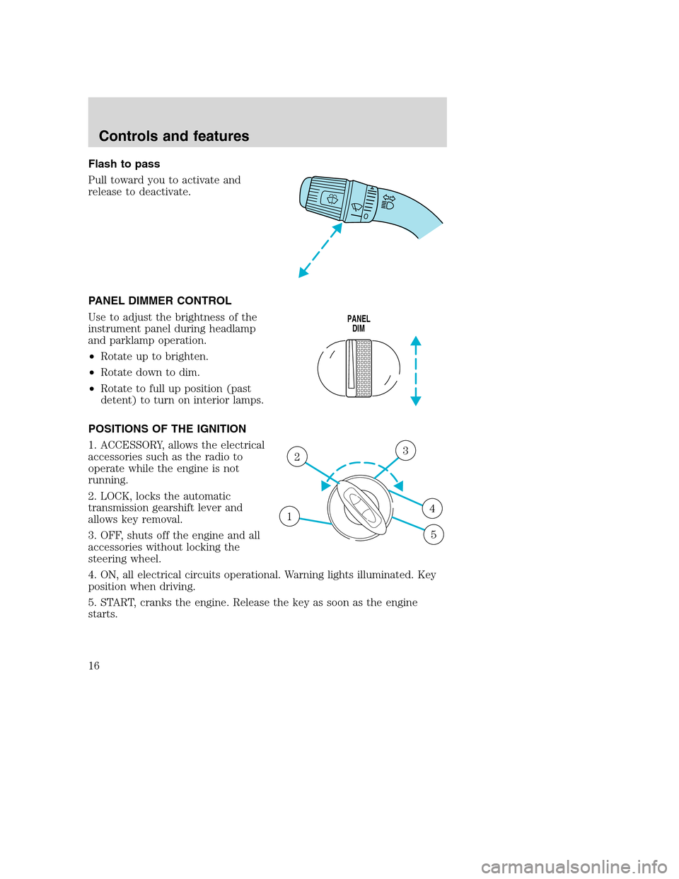 FORD F SERIES MOTORHOME AND COMMERCIAL CHASSIS 2001 10.G User Guide Flash to pass
Pull toward you to activate and
release to deactivate.
PANEL DIMMER CONTROL
Use to adjust the brightness of the
instrument panel during headlamp
and parklamp operation.
•Rotate up to b FORD F SERIES MOTORHOME AND COMMERCIAL CHASSIS 2001 10.G User Guide Flash to pass
Pull toward you to activate and
release to deactivate.
PANEL DIMMER CONTROL
Use to adjust the brightness of the
instrument panel during headlamp
and parklamp operation.
•Rotate up to b