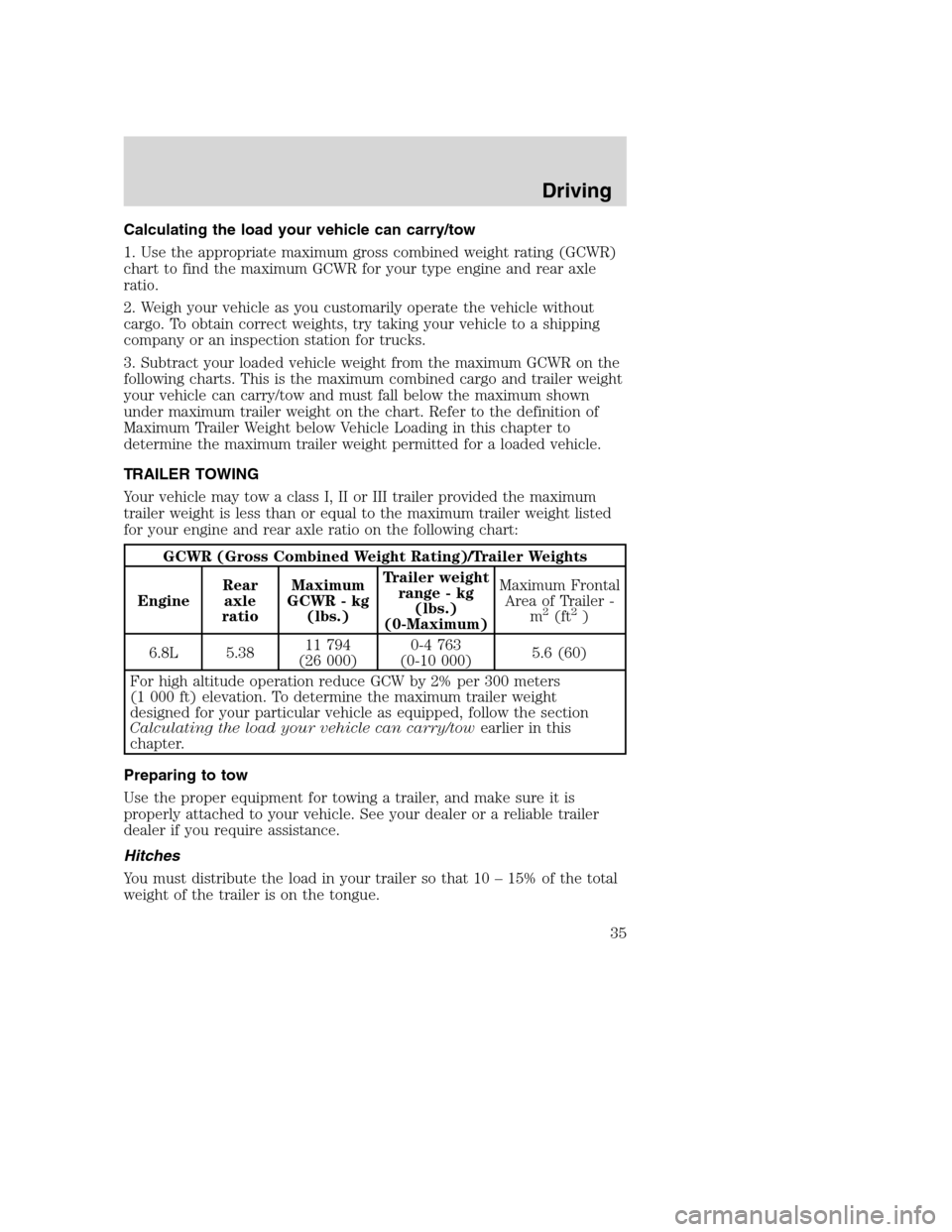 FORD F SERIES MOTORHOME AND COMMERCIAL CHASSIS 2001 10.G Owners Guide Calculating the load your vehicle can carry/tow
1. Use the appropriate maximum gross combined weight rating (GCWR)
chart to find the maximum GCWR for your type engine and rear axle
ratio.
2. Weigh you FORD F SERIES MOTORHOME AND COMMERCIAL CHASSIS 2001 10.G Owners Guide Calculating the load your vehicle can carry/tow
1. Use the appropriate maximum gross combined weight rating (GCWR)
chart to find the maximum GCWR for your type engine and rear axle
ratio.
2. Weigh you