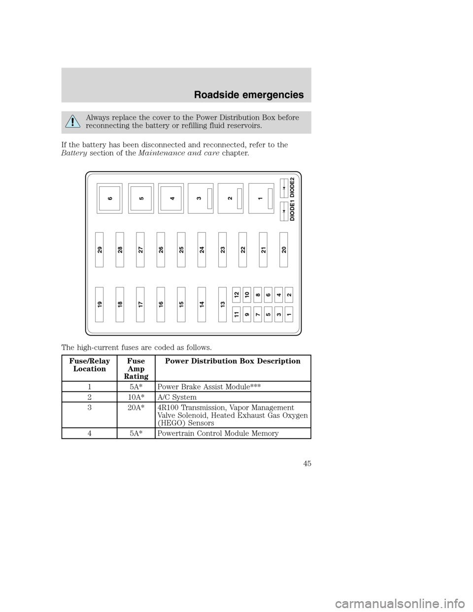 FORD F SERIES MOTORHOME AND COMMERCIAL CHASSIS 2001 10.G Service Manual Always replace the cover to the Power Distribution Box before
reconnecting the battery or refilling fluid reservoirs.
If the battery has been disconnected and reconnected, refer to the
Batterysection FORD F SERIES MOTORHOME AND COMMERCIAL CHASSIS 2001 10.G Service Manual Always replace the cover to the Power Distribution Box before
reconnecting the battery or refilling fluid reservoirs.
If the battery has been disconnected and reconnected, refer to the
Batterysection