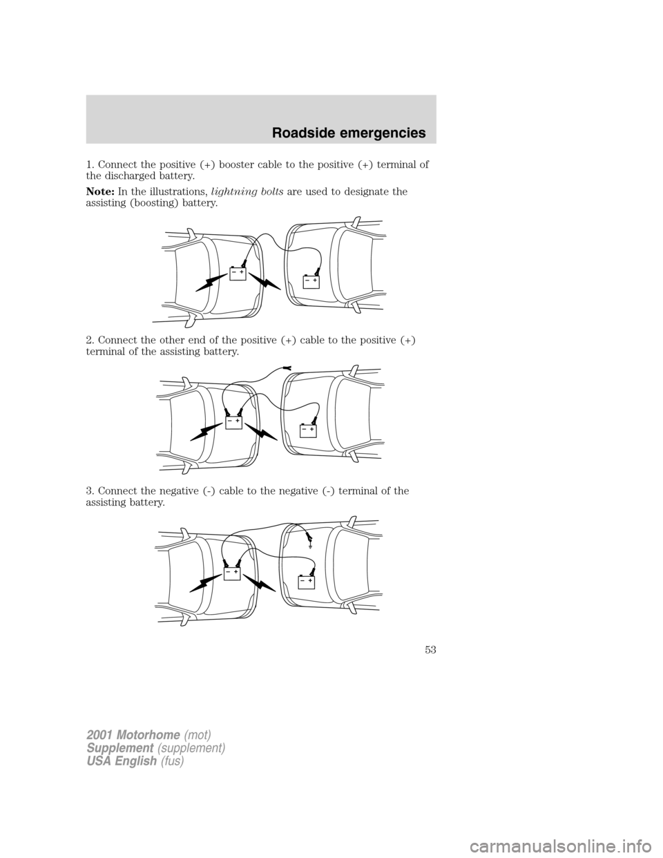 FORD F SERIES MOTORHOME AND COMMERCIAL CHASSIS 2001 10.G Workshop Manual 1. Connect the positive (+) booster cable to the positive (+) terminal of
the discharged battery.
Note:In the illustrations,lightning boltsare used to designate the
assisting (boosting) battery.
2. Co