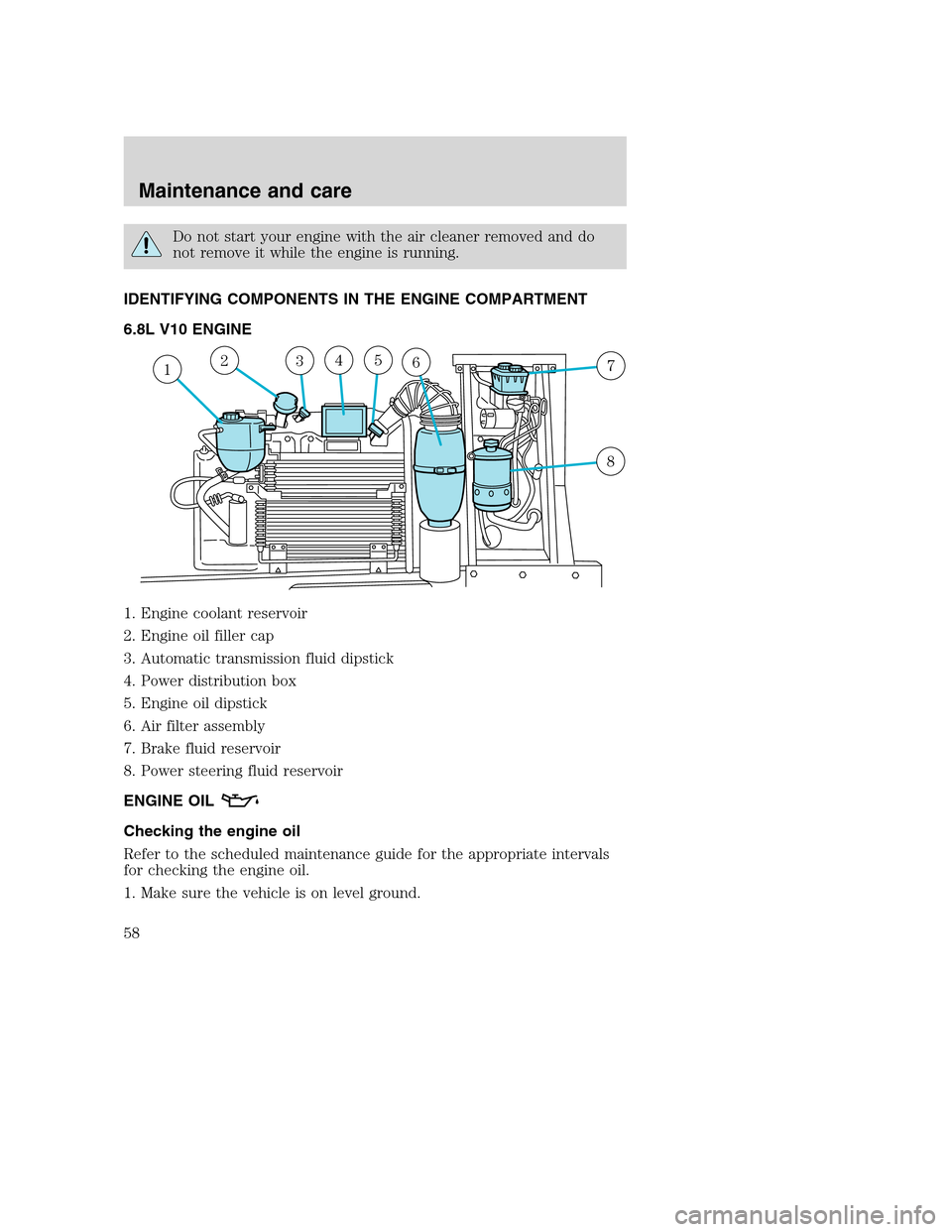 FORD F SERIES MOTORHOME AND COMMERCIAL CHASSIS 2001 10.G Workshop Manual Do not start your engine with the air cleaner removed and do
not remove it while the engine is running.
IDENTIFYING COMPONENTS IN THE ENGINE COMPARTMENT
6.8L V10 ENGINE
1. Engine coolant reservoir
2. 