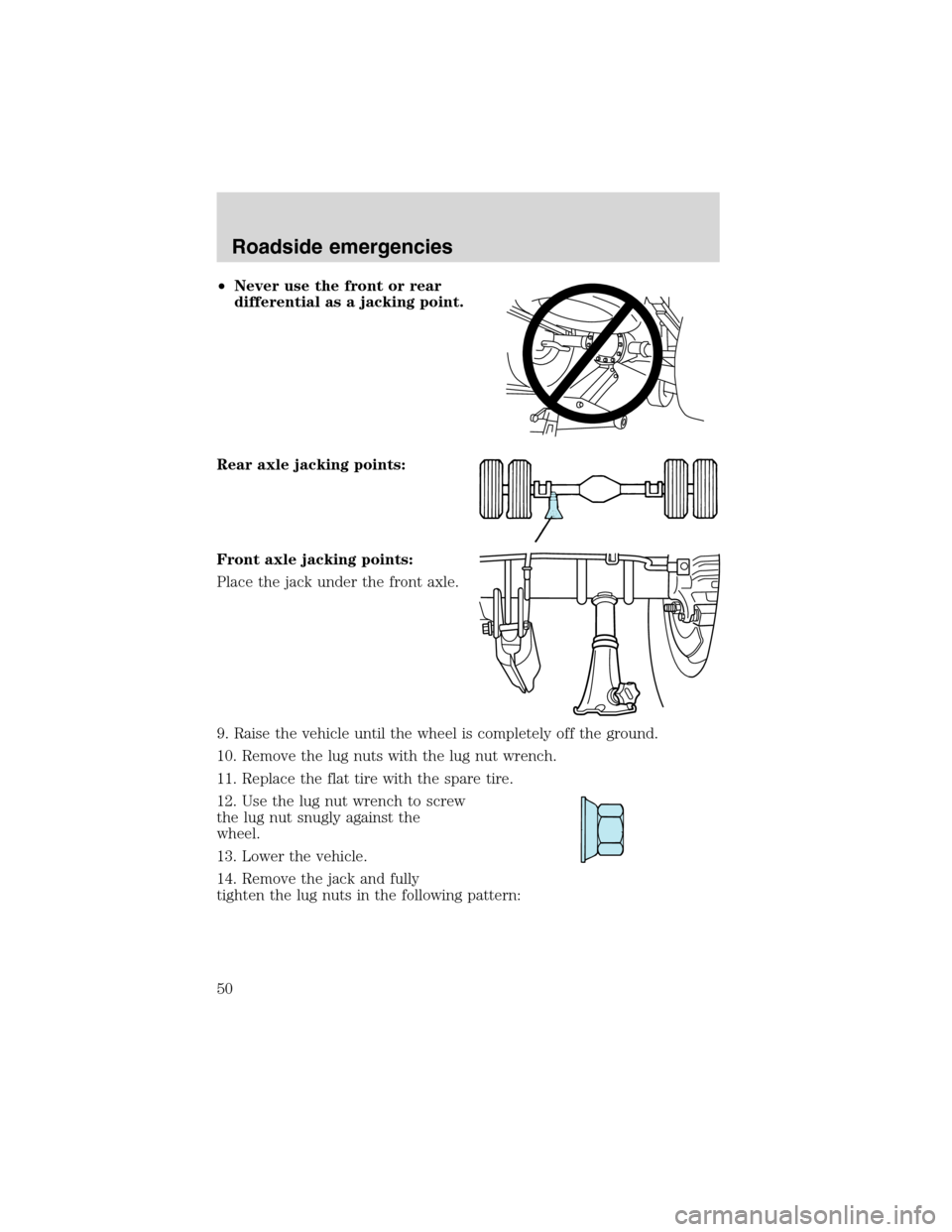 FORD F SERIES MOTORHOME AND COMMERCIAL CHASSIS 2002 10.G Service Manual •Never use the front or rear
differential as a jacking point.
Rear axle jacking points:
Front axle jacking points:
Place the jack under the front axle.
9. Raise the vehicle until the wheel is comple FORD F SERIES MOTORHOME AND COMMERCIAL CHASSIS 2002 10.G Service Manual •Never use the front or rear
differential as a jacking point.
Rear axle jacking points:
Front axle jacking points:
Place the jack under the front axle.
9. Raise the vehicle until the wheel is comple