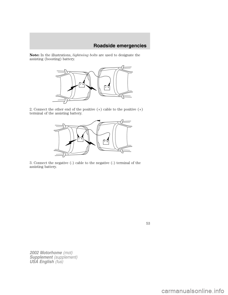 FORD F SERIES MOTORHOME AND COMMERCIAL CHASSIS 2002 10.G Workshop Manual Note:In the illustrations,lightning boltsare used to designate the
assisting (boosting) battery.
2. Connect the other end of the positive (+) cable to the positive (+)
terminal of the assisting batter