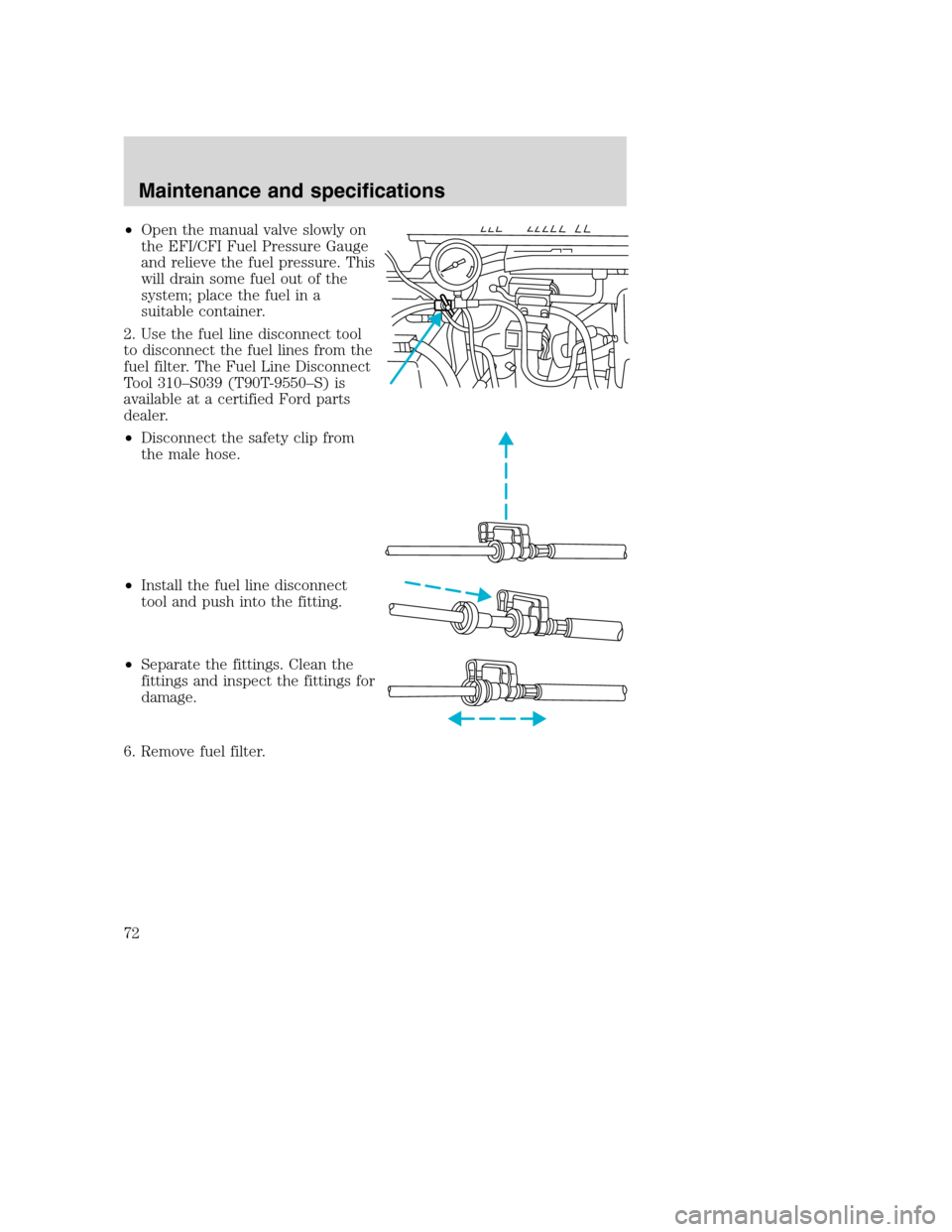 FORD F SERIES MOTORHOME AND COMMERCIAL CHASSIS 2003 10.G Manual PDF •Open the manual valve slowly on
the EFI/CFI Fuel Pressure Gauge
and relieve the fuel pressure. This
will drain some fuel out of the
system; place the fuel in a
suitable container.
2. Use the fuel l FORD F SERIES MOTORHOME AND COMMERCIAL CHASSIS 2003 10.G Manual PDF •Open the manual valve slowly on
the EFI/CFI Fuel Pressure Gauge
and relieve the fuel pressure. This
will drain some fuel out of the
system; place the fuel in a
suitable container.
2. Use the fuel l