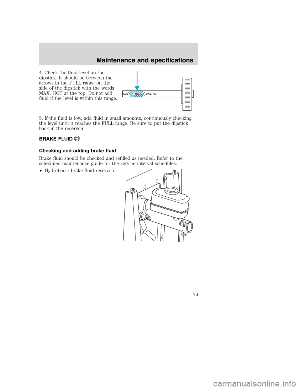 FORD F SERIES MOTORHOME AND COMMERCIAL CHASSIS 2003 10.G Manual PDF 4. Check the fluid level on the
dipstick. It should be between the
arrows in the FULL range on the
side of the dipstick with the words
MAX. HOT at the top. Do not add
fluid if the level is within this FORD F SERIES MOTORHOME AND COMMERCIAL CHASSIS 2003 10.G Manual PDF 4. Check the fluid level on the
dipstick. It should be between the
arrows in the FULL range on the
side of the dipstick with the words
MAX. HOT at the top. Do not add
fluid if the level is within this