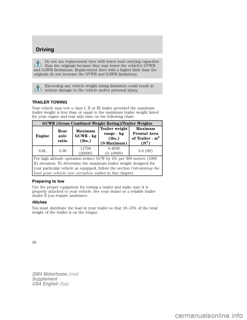 FORD F SERIES MOTORHOME AND COMMERCIAL CHASSIS 2004 11.G Owners Guide Do not use replacement tires with lower load carrying capacities
than the originals because they may lower the vehicle’s GVWR
and GAWR limitations. Replacement tires with a higher limit than the
ori
