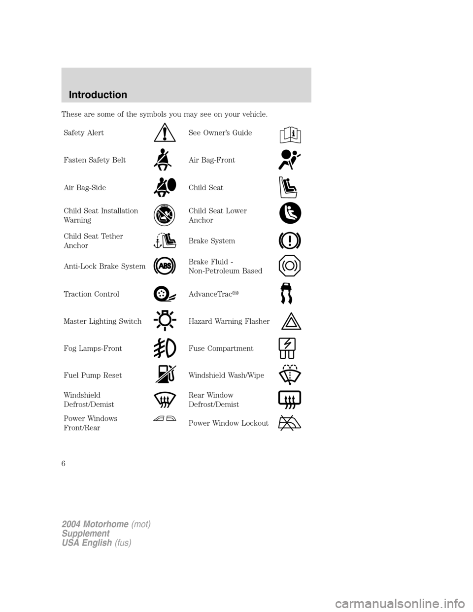 FORD F SERIES MOTORHOME AND COMMERCIAL CHASSIS 2004 11.G Owners Manual These are some of the symbols you may see on your vehicle.
Safety Alert
See Owner’s Guide
Fasten Safety BeltAir Bag-Front
Air Bag-SideChild Seat
Child Seat Installation
WarningChild Seat Lower
Ancho