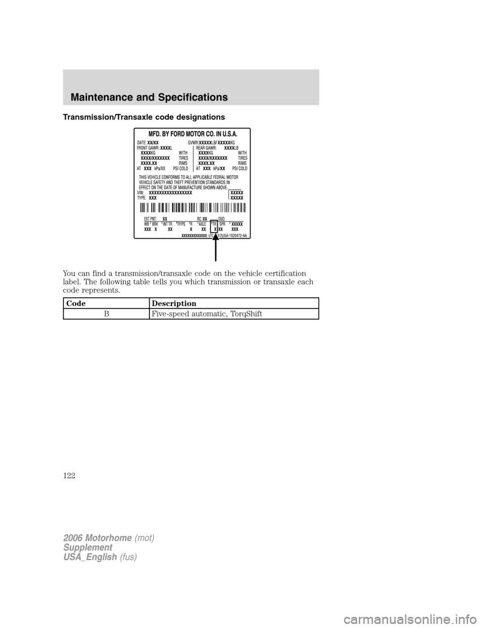 FORD F SERIES MOTORHOME AND COMMERCIAL CHASSIS 2006 11.G Owners Manual Transmission/Transaxle code designations
You can find a transmission/transaxle code on the vehicle certification
label. The following table tells you which transmission or transaxle each
code represen