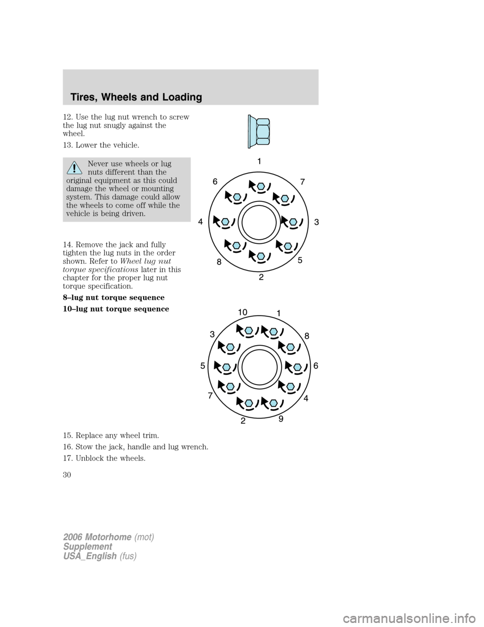 FORD F SERIES MOTORHOME AND COMMERCIAL CHASSIS 2006 11.G Owners Manual 12. Use the lug nut wrench to screw
the lug nut snugly against the
wheel.
13. Lower the vehicle.
Never use wheels or lug
nuts different than the
original equipment as this could
damage the wheel or mo