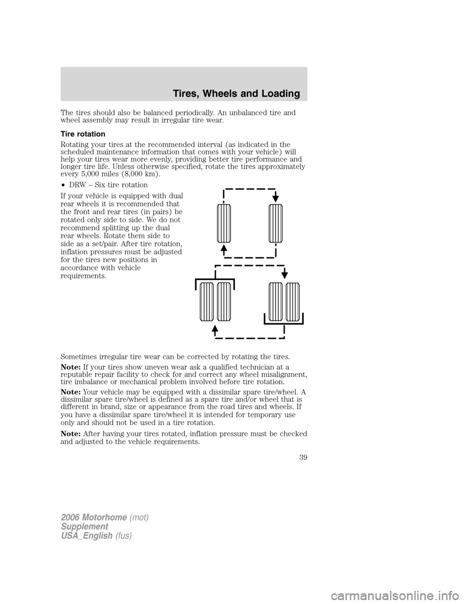 FORD F SERIES MOTORHOME AND COMMERCIAL CHASSIS 2006 11.G Owners Manual The tires should also be balanced periodically. An unbalanced tire and
wheel assembly may result in irregular tire wear.
Tire rotation
Rotating your tires at the recommended interval (as indicated in 