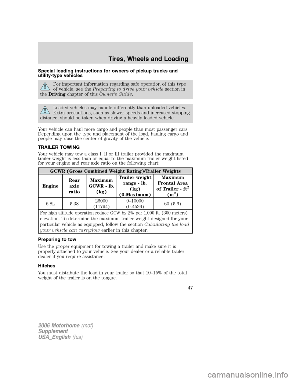 FORD F SERIES MOTORHOME AND COMMERCIAL CHASSIS 2006 11.G Service Manual Special loading instructions for owners of pickup trucks and
utility-type vehicles
For important information regarding safe operation of this type
of vehicle, see thePreparing to drive your vehiclesec FORD F SERIES MOTORHOME AND COMMERCIAL CHASSIS 2006 11.G Service Manual Special loading instructions for owners of pickup trucks and
utility-type vehicles
For important information regarding safe operation of this type
of vehicle, see thePreparing to drive your vehiclesec