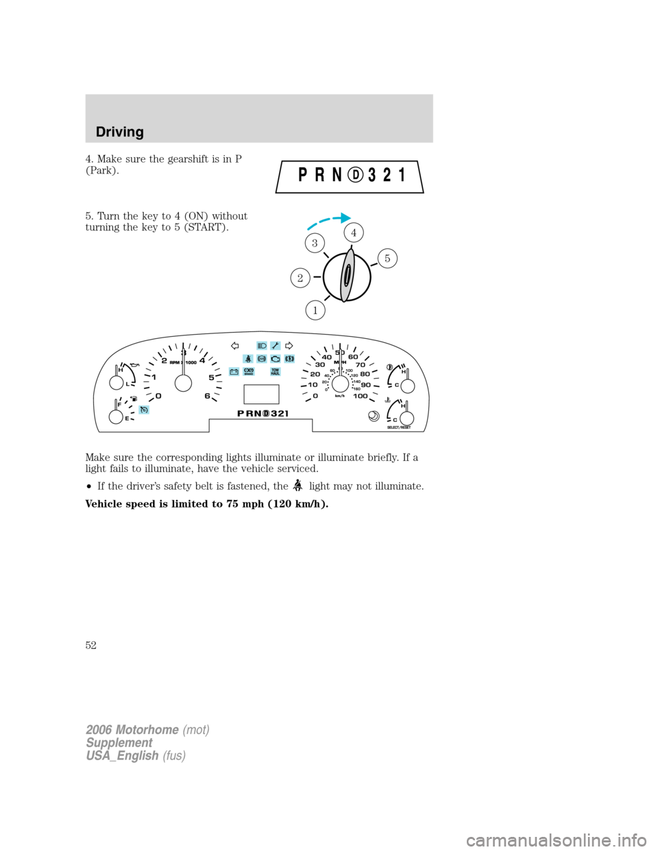FORD F SERIES MOTORHOME AND COMMERCIAL CHASSIS 2006 11.G Workshop Manual 4. Make sure the gearshift is in P
(Park).
5. Turn the key to 4 (ON) without
turning the key to 5 (START).
Make sure the corresponding lights illuminate or illuminate briefly. If a
light fails to illu