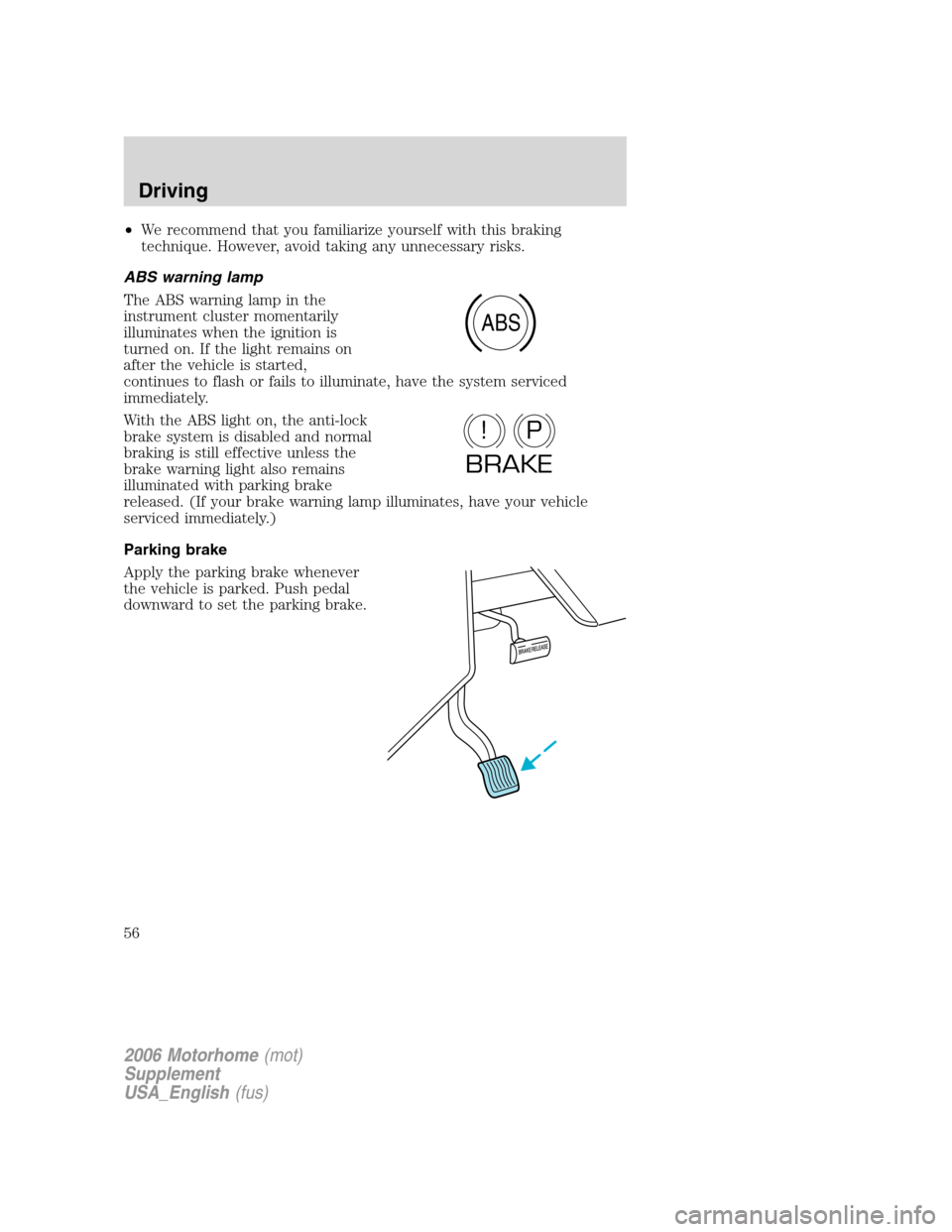 FORD F SERIES MOTORHOME AND COMMERCIAL CHASSIS 2006 11.G Workshop Manual •We recommend that you familiarize yourself with this braking
technique. However, avoid taking any unnecessary risks.
ABS warning lamp
The ABS warning lamp in the
instrument cluster momentarily
illu