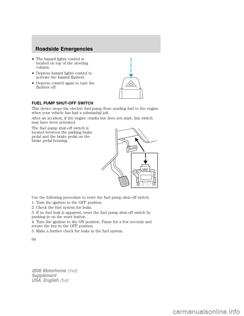FORD F SERIES MOTORHOME AND COMMERCIAL CHASSIS 2006 11.G Repair Manual •The hazard lights control is
located on top of the steering
column.
•Depress hazard lights control to
activate the hazard flashers.
•Depress control again to turn the
flashers off.
FUEL PUMP SH