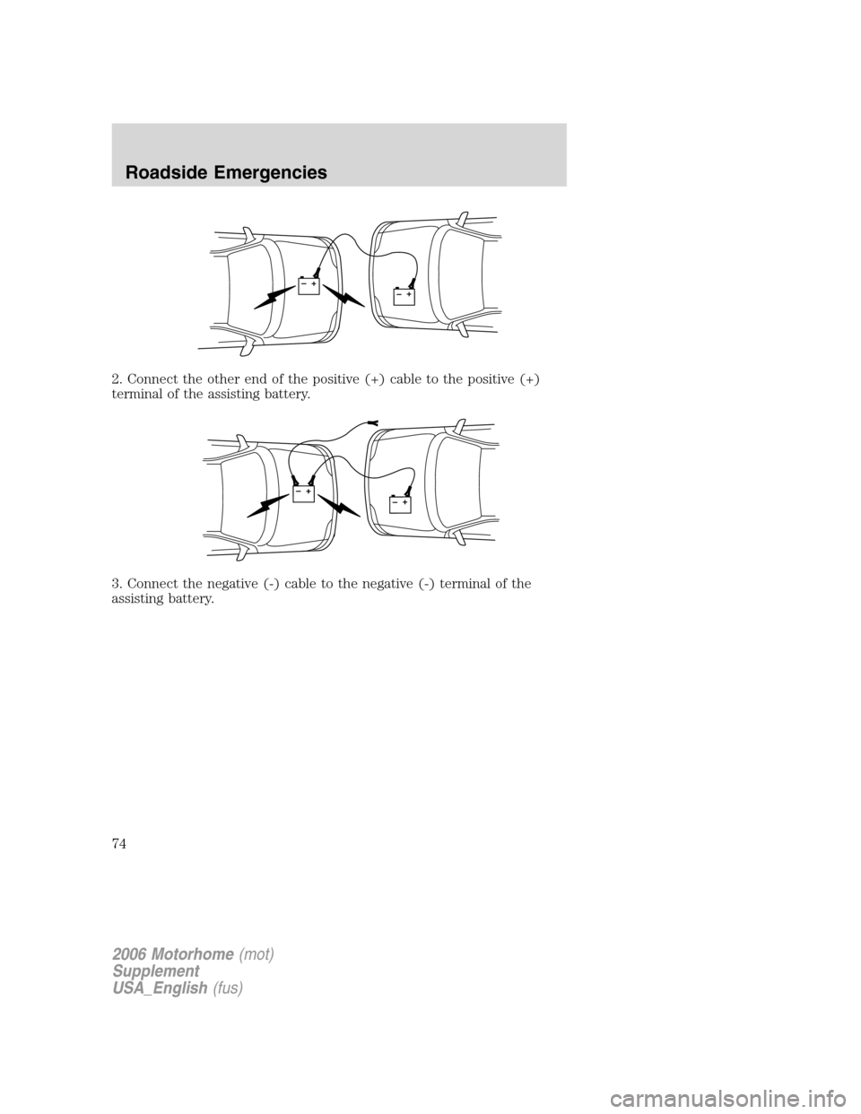 FORD F SERIES MOTORHOME AND COMMERCIAL CHASSIS 2006 11.G Manual PDF 2. Connect the other end of the positive (+) cable to the positive (+)
terminal of the assisting battery.
3. Connect the negative (-) cable to the negative (-) terminal of the
assisting battery.
+–+