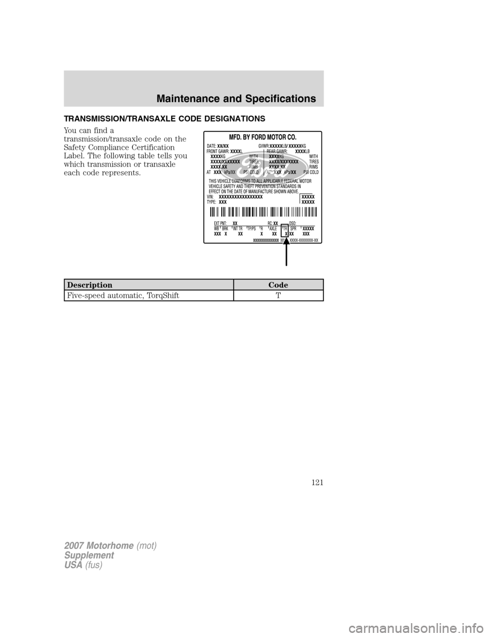 FORD F SERIES MOTORHOME AND COMMERCIAL CHASSIS 2007 11.G Owners Manual TRANSMISSION/TRANSAXLE CODE DESIGNATIONS
You can find a
transmission/transaxle code on the
Safety Compliance Certification
Label. The following table tells you
which transmission or transaxle
each cod FORD F SERIES MOTORHOME AND COMMERCIAL CHASSIS 2007 11.G Owners Manual TRANSMISSION/TRANSAXLE CODE DESIGNATIONS
You can find a
transmission/transaxle code on the
Safety Compliance Certification
Label. The following table tells you
which transmission or transaxle
each cod