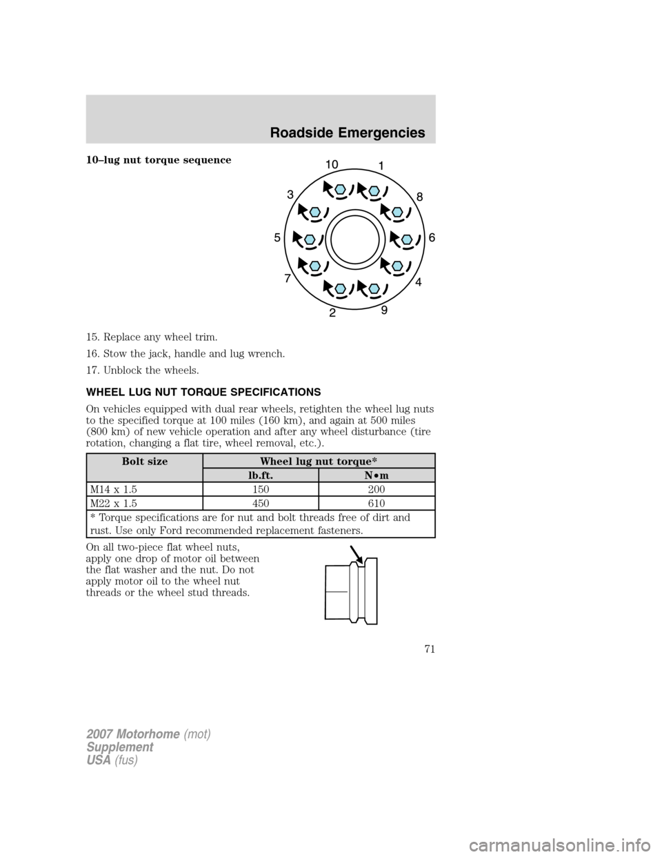 FORD F SERIES MOTORHOME AND COMMERCIAL CHASSIS 2007 11.G Manual PDF 10–lug nut torque sequence
15. Replace any wheel trim.
16. Stow the jack, handle and lug wrench.
17. Unblock the wheels.
WHEEL LUG NUT TORQUE SPECIFICATIONS
On vehicles equipped with dual rear wheel