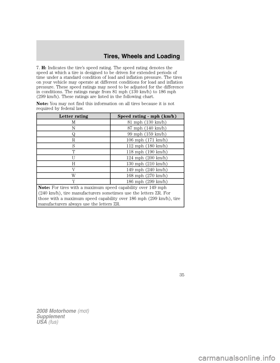 FORD F SERIES MOTORHOME AND COMMERCIAL CHASSIS 2008 11.G Owners Guide 7.H:Indicates the tire’s speed rating. The speed rating denotes the
speed at which a tire is designed to be driven for extended periods of
time under a standard condition of load and inflation press