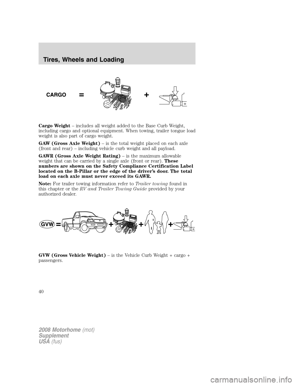 FORD F SERIES MOTORHOME AND COMMERCIAL CHASSIS 2008 11.G Owners Manual Cargo Weight– includes all weight added to the Base Curb Weight,
including cargo and optional equipment. When towing, trailer tongue load
weight is also part of cargo weight.
GAW (Gross Axle Weight)