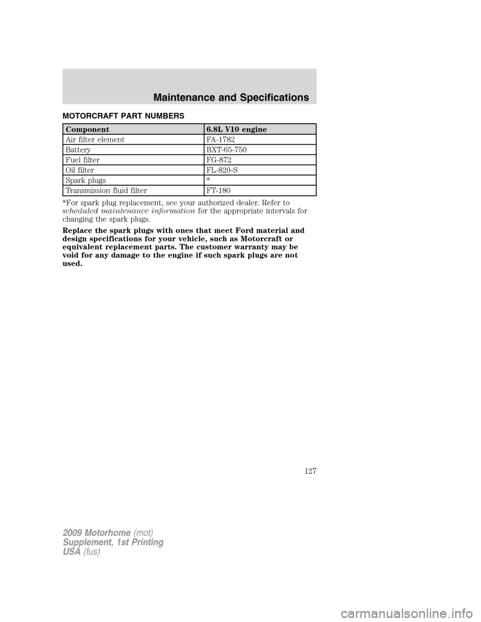 FORD F SERIES MOTORHOME AND COMMERCIAL CHASSIS 2009 12.G Owners Manual MOTORCRAFT PART NUMBERS
Component 6.8L V10 engine
Air filter element FA-1782
Battery BXT-65-750
Fuel filter FG-872
Oil filter FL-820-S
Spark plugs *
Transmission fluid filter FT-180
*For spark plug re