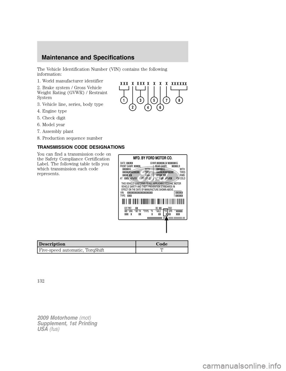 FORD F SERIES MOTORHOME AND COMMERCIAL CHASSIS 2009 12.G Owners Manual The Vehicle Identification Number (VIN) contains the following
information:
1. World manufacturer identifier
2. Brake system / Gross Vehicle
Weight Rating (GVWR) / Restraint
System
3. Vehicle line, se FORD F SERIES MOTORHOME AND COMMERCIAL CHASSIS 2009 12.G Owners Manual The Vehicle Identification Number (VIN) contains the following
information:
1. World manufacturer identifier
2. Brake system / Gross Vehicle
Weight Rating (GVWR) / Restraint
System
3. Vehicle line, se