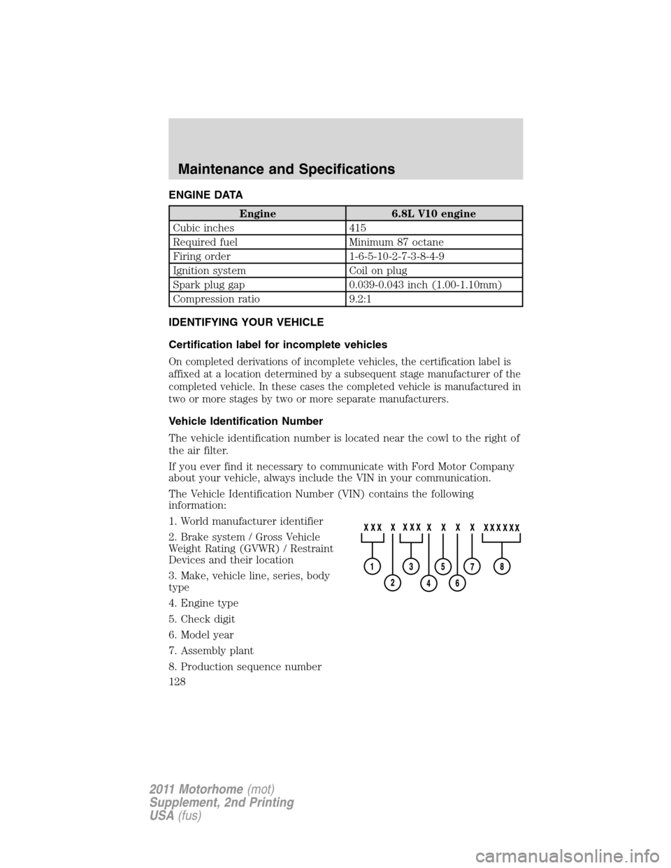 FORD F SERIES MOTORHOME AND COMMERCIAL CHASSIS 2011 12.G Owners Manual ENGINE DATA
Engine 6.8L V10 engine
Cubic inches 415
Required fuel Minimum 87 octane
Firing order 1-6-5-10-2-7-3-8-4-9
Ignition system Coil on plug
Spark plug gap 0.039-0.043 inch (1.00-1.10mm)
Compres