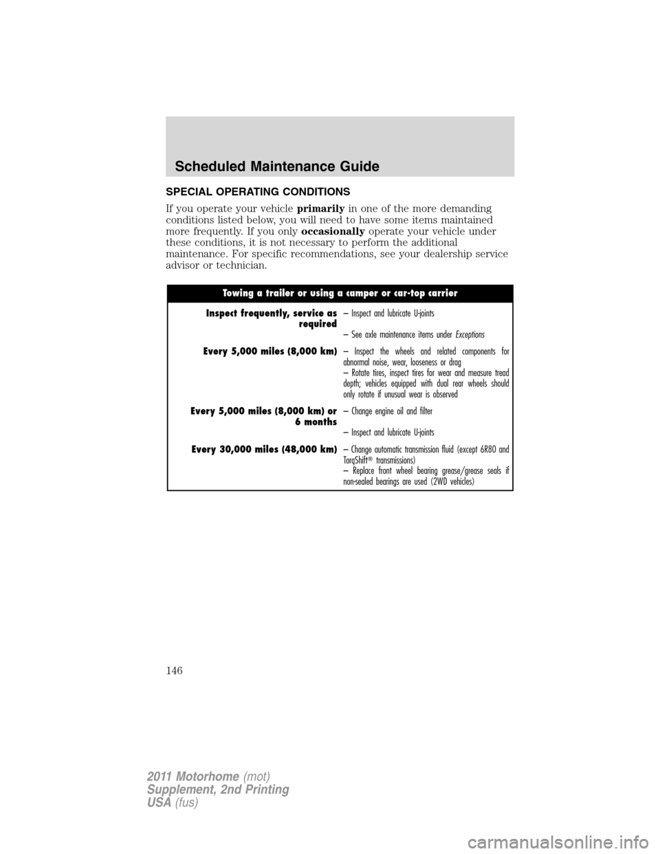 FORD F SERIES MOTORHOME AND COMMERCIAL CHASSIS 2011 12.G User Guide SPECIAL OPERATING CONDITIONS
If you operate your vehicleprimarilyin one of the more demanding
conditions listed below, you will need to have some items maintained
more frequently. If you onlyoccasiona