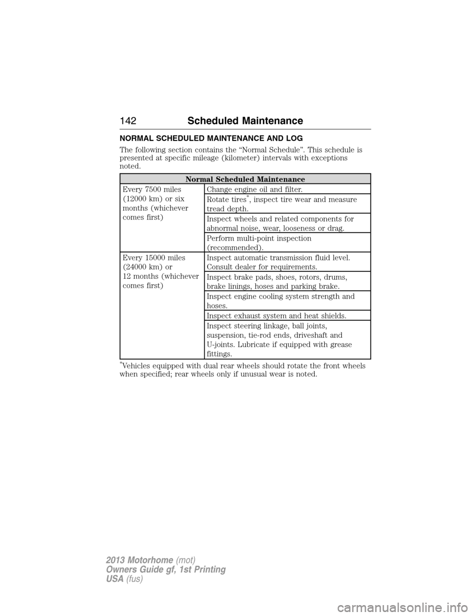 FORD F SERIES MOTORHOME AND COMMERCIAL CHASSIS 2013 12.G Owners Manual NORMAL SCHEDULED MAINTENANCE AND LOG
The following section contains the “Normal Schedule”. This schedule is
presented at specific mileage (kilometer) intervals with exceptions
noted.
Normal Schedu