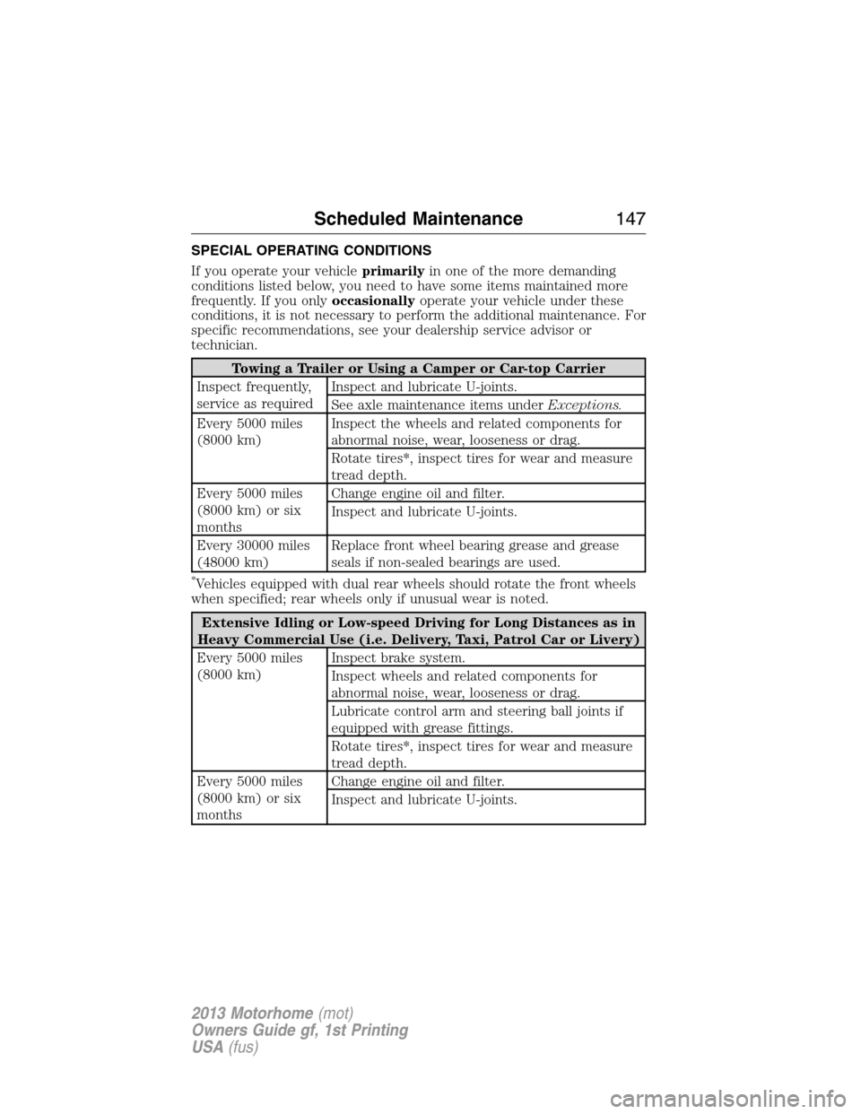 FORD F SERIES MOTORHOME AND COMMERCIAL CHASSIS 2013 12.G Owners Manual SPECIAL OPERATING CONDITIONS
If you operate your vehicleprimarilyin one of the more demanding
conditions listed below, you need to have some items maintained more
frequently. If you onlyoccasionallyop