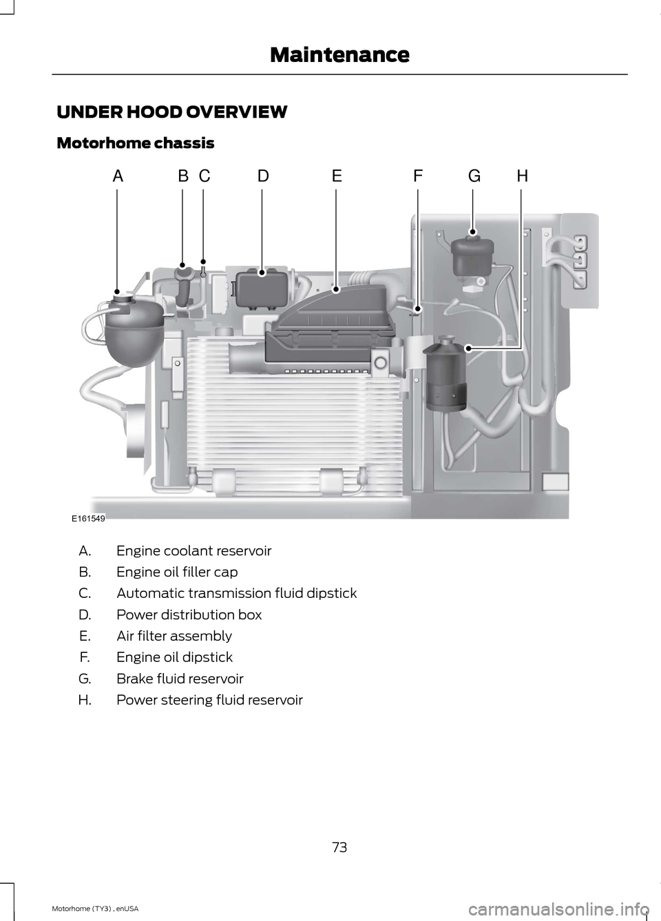 FORD F SERIES MOTORHOME AND COMMERCIAL CHASSIS 2014 12.G Owners Manual UNDER HOOD OVERVIEW
Motorhome chassis
Engine coolant reservoirA.
Engine oil filler capB.
Automatic transmission fluid dipstickC.
Power distribution boxD.
Air filter assemblyE.
Engine oil dipstickF.
Br