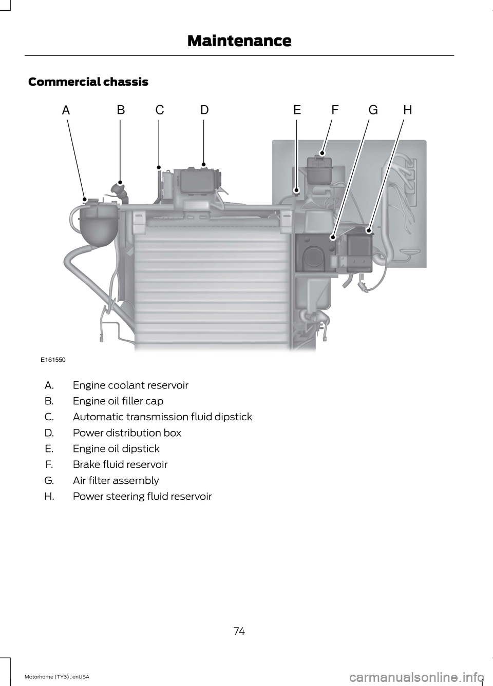 FORD F SERIES MOTORHOME AND COMMERCIAL CHASSIS 2014 12.G Manual PDF Commercial chassis
Engine coolant reservoirA.
Engine oil filler capB.
Automatic transmission fluid dipstickC.
Power distribution boxD.
Engine oil dipstickE.
Brake fluid reservoirF.
Air filter assembly