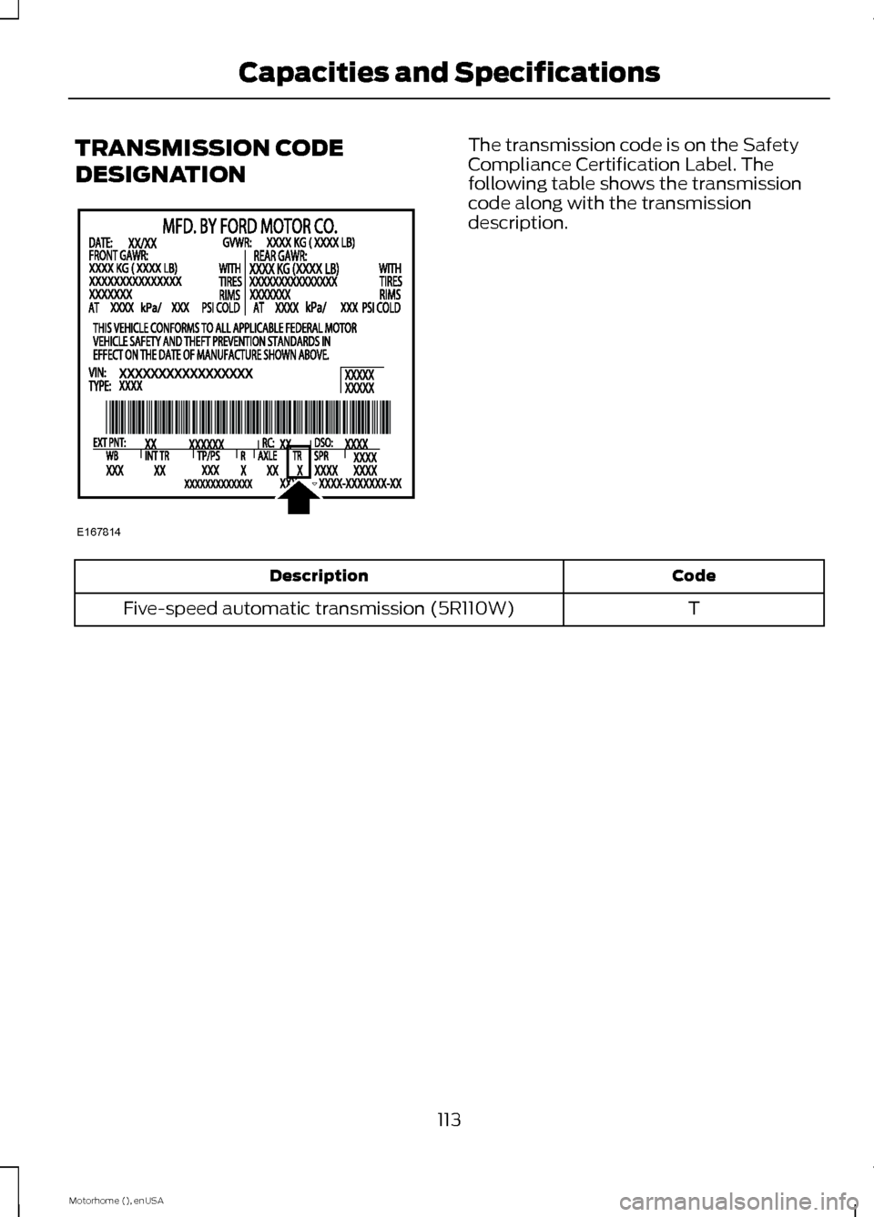 FORD F SERIES MOTORHOME AND COMMERCIAL CHASSIS 2015 13.G Owners Manual TRANSMISSION CODE
DESIGNATION
The transmission code is on the SafetyCompliance Certification Label. Thefollowing table shows the transmissioncode along with the transmissiondescription.
CodeDescriptio FORD F SERIES MOTORHOME AND COMMERCIAL CHASSIS 2015 13.G Owners Manual TRANSMISSION CODE
DESIGNATION
The transmission code is on the SafetyCompliance Certification Label. Thefollowing table shows the transmissioncode along with the transmissiondescription.
CodeDescriptio