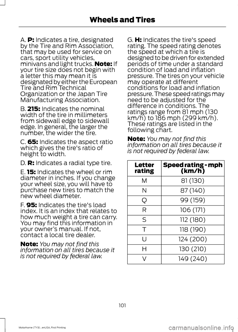 FORD F SERIES MOTORHOME AND COMMERCIAL CHASSIS 2016 13.G Owners Manual A.P: Indicates a tire, designatedby the Tire and Rim Association,that may be used for service oncars, sport utility vehicles,minivans and light trucks.Note: Ifyour tire size does not begin witha lette