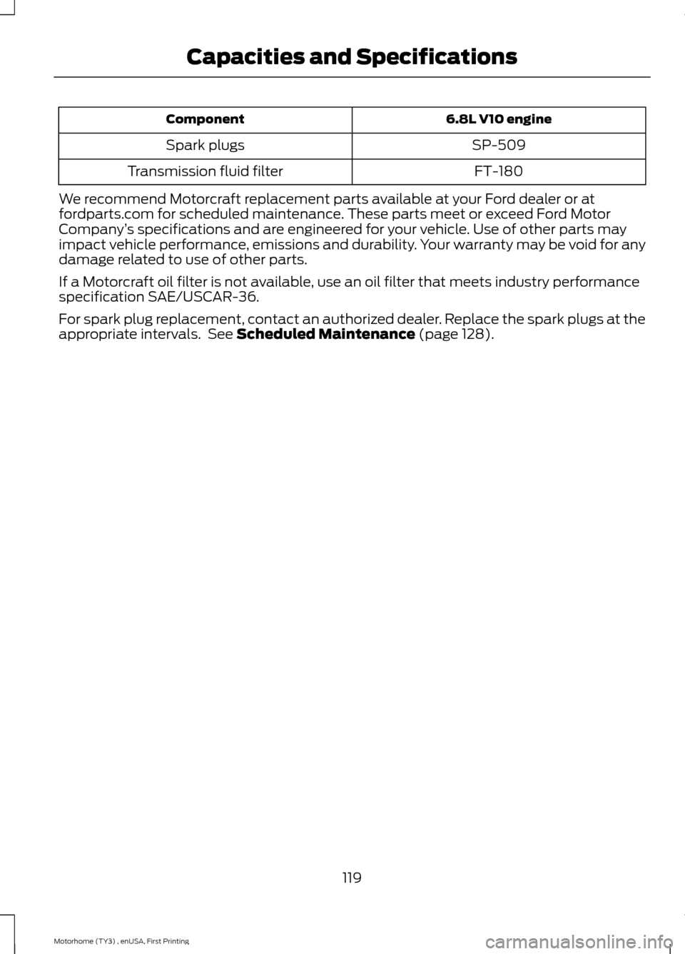 FORD F SERIES MOTORHOME AND COMMERCIAL CHASSIS 2016 13.G Owners Manual 6.8L V10 engineComponent
SP-509Spark plugs
FT-180Transmission fluid filter
We recommend Motorcraft replacement parts available at your Ford dealer or atfordparts.com for scheduled maintenance. These p