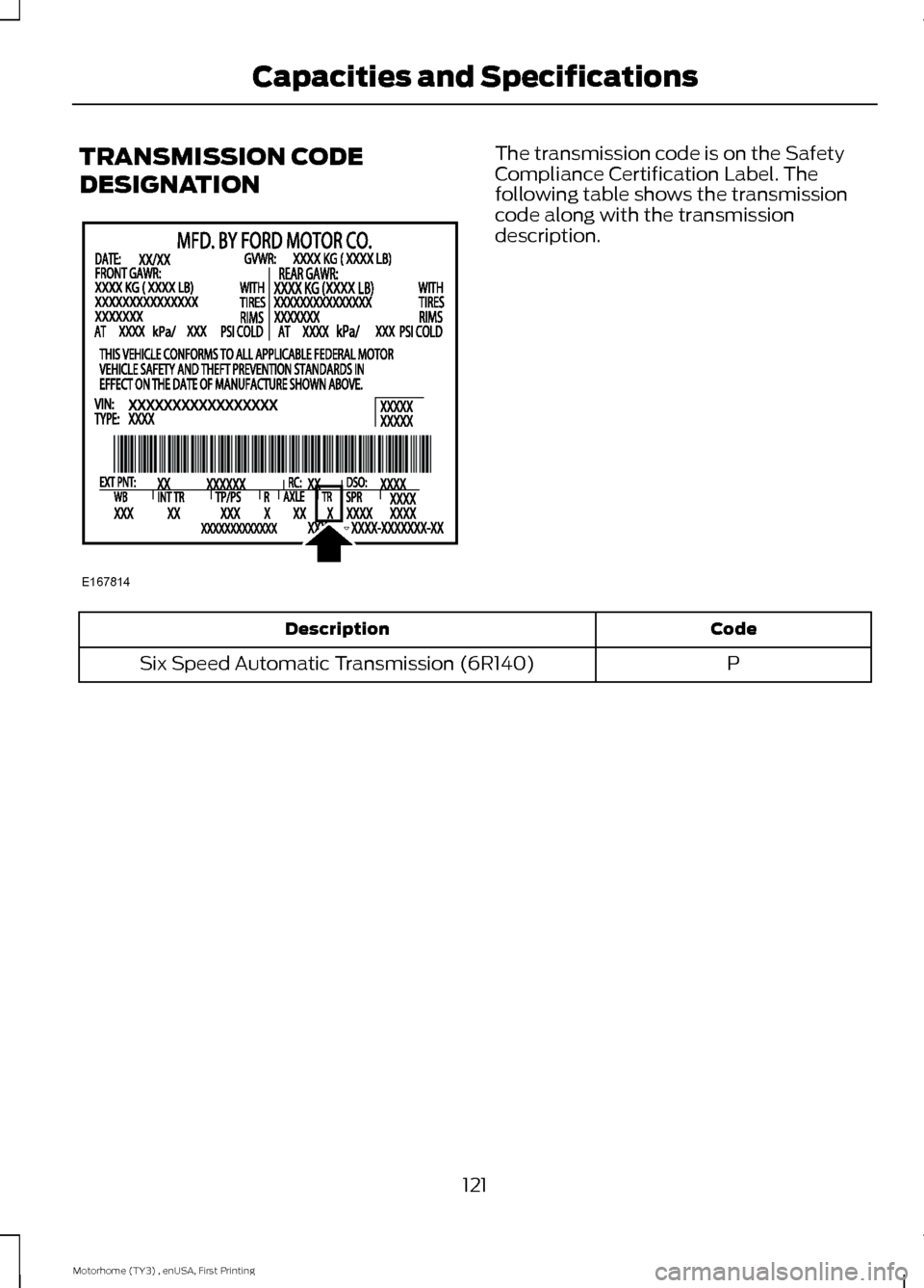 FORD F SERIES MOTORHOME AND COMMERCIAL CHASSIS 2016 13.G Owners Manual TRANSMISSION CODE
DESIGNATION
The transmission code is on the SafetyCompliance Certification Label. Thefollowing table shows the transmissioncode along with the transmissiondescription.
CodeDescriptio