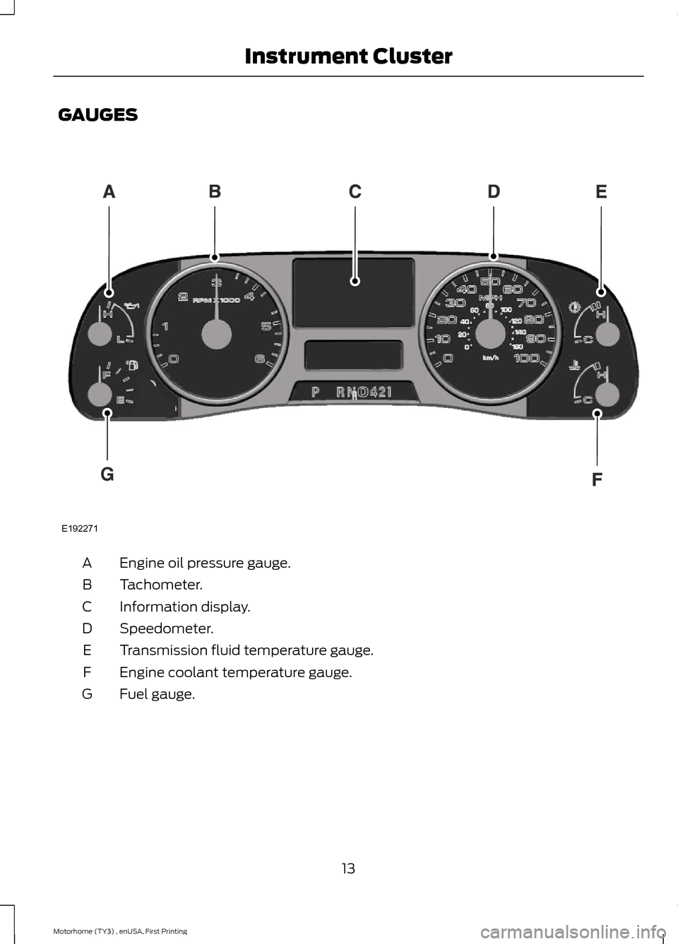 FORD F SERIES MOTORHOME AND COMMERCIAL CHASSIS 2016 13.G Owners Manual GAUGES
Engine oil pressure gauge.A
Tachometer.B
Information display.C
Speedometer.D
Transmission fluid temperature gauge.E
Engine coolant temperature gauge.F
Fuel gauge.G
13Motorhome (TY3) , enUSA, Fi