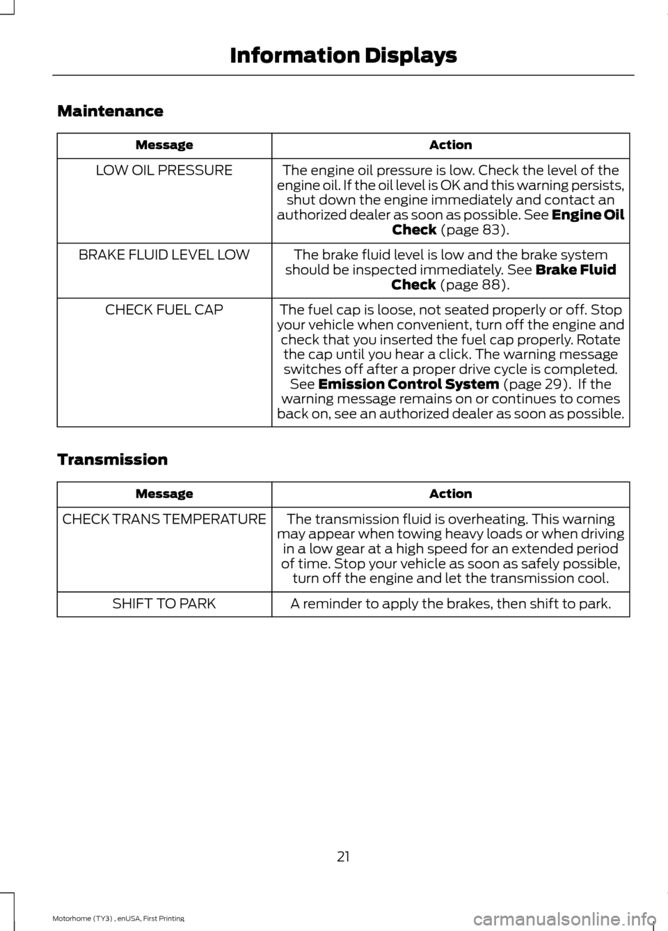FORD F SERIES MOTORHOME AND COMMERCIAL CHASSIS 2016 13.G Owners Manual Maintenance
ActionMessage
The engine oil pressure is low. Check the level of theengine oil. If the oil level is OK and this warning persists,shut down the engine immediately and contact anauthorized d FORD F SERIES MOTORHOME AND COMMERCIAL CHASSIS 2016 13.G Owners Manual Maintenance
ActionMessage
The engine oil pressure is low. Check the level of theengine oil. If the oil level is OK and this warning persists,shut down the engine immediately and contact anauthorized d