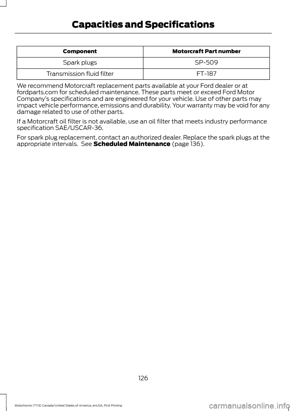 FORD F SERIES MOTORHOME AND COMMERCIAL CHASSIS 2017 13.G User Guide Motorcraft Part number
Component
SP-509
Spark plugs
FT-187
Transmission fluid filter
We recommend Motorcraft replacement parts available at your Ford dealer or at
fordparts.com for scheduled maintenan