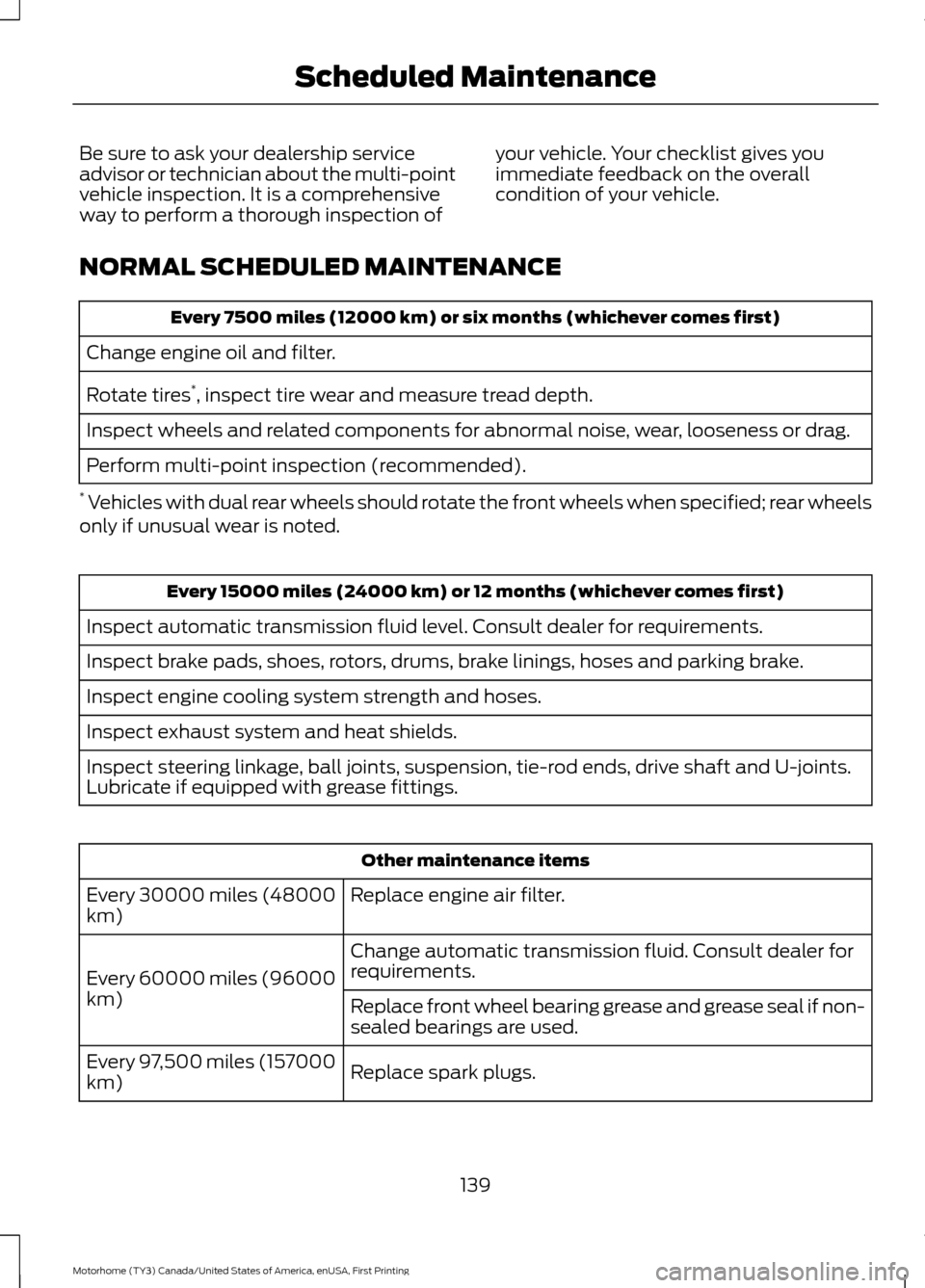FORD F SERIES MOTORHOME AND COMMERCIAL CHASSIS 2017 13.G Owners Manual Be sure to ask your dealership service
advisor or technician about the multi-point
vehicle inspection. It is a comprehensive
way to perform a thorough inspection of
your vehicle. Your checklist gives 