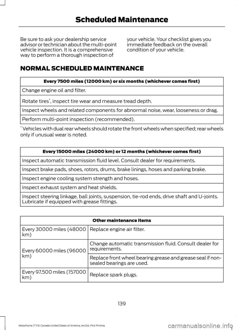 FORD F SERIES MOTORHOME AND COMMERCIAL CHASSIS 2017 13.G User Guide Be sure to ask your dealership service
advisor or technician about the multi-point
vehicle inspection. It is a comprehensive
way to perform a thorough inspection of
your vehicle. Your checklist gives 