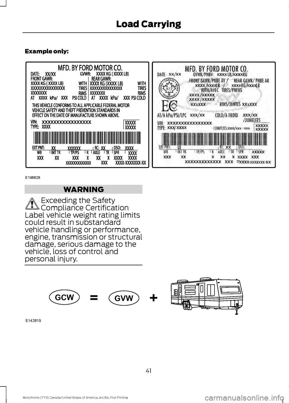 FORD F SERIES MOTORHOME AND COMMERCIAL CHASSIS 2017 13.G Service Manual Example only:
WARNING
Exceeding the Safety
Compliance Certification
Label vehicle weight rating limits
could result in substandard
vehicle handling or performance,
engine, transmission or structural
d FORD F SERIES MOTORHOME AND COMMERCIAL CHASSIS 2017 13.G Service Manual Example only:
WARNING
Exceeding the Safety
Compliance Certification
Label vehicle weight rating limits
could result in substandard
vehicle handling or performance,
engine, transmission or structural
d