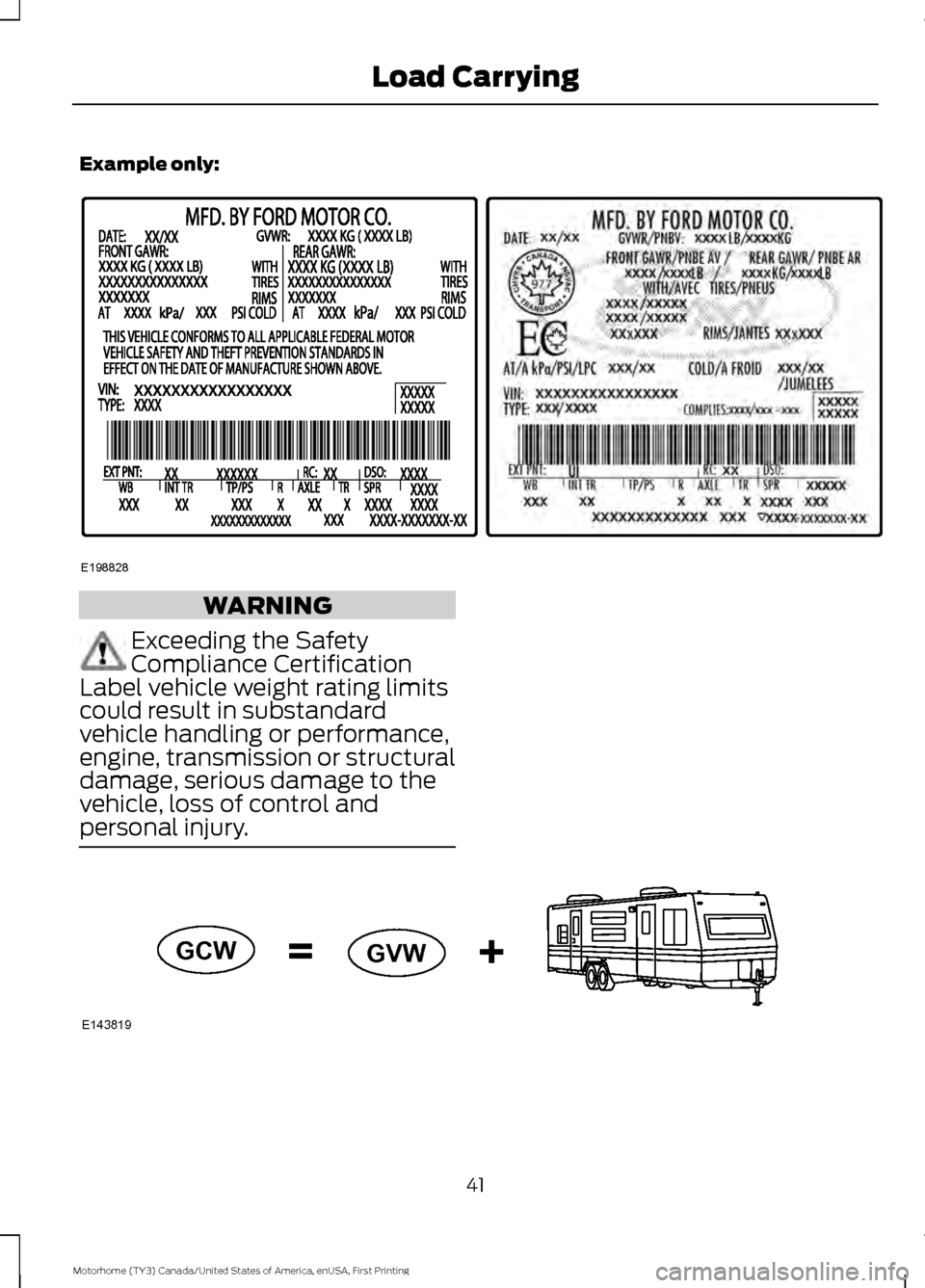 FORD F SERIES MOTORHOME AND COMMERCIAL CHASSIS 2017 13.G Owners Guide Example only:
WARNING
Exceeding the Safety
Compliance Certification
Label vehicle weight rating limits
could result in substandard
vehicle handling or performance,
engine, transmission or structural
d