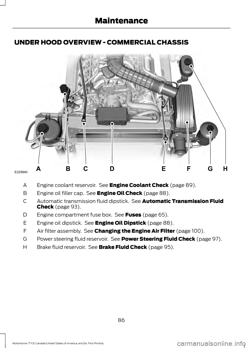 FORD F SERIES MOTORHOME AND COMMERCIAL CHASSIS 2017 13.G Owners Manual UNDER HOOD OVERVIEW - COMMERCIAL CHASSIS
Engine coolant reservoir.  See Engine Coolant Check (page 89).
A
Engine oil filler cap.  See 
Engine Oil Check (page 88).
B
Automatic transmission fluid dipsti