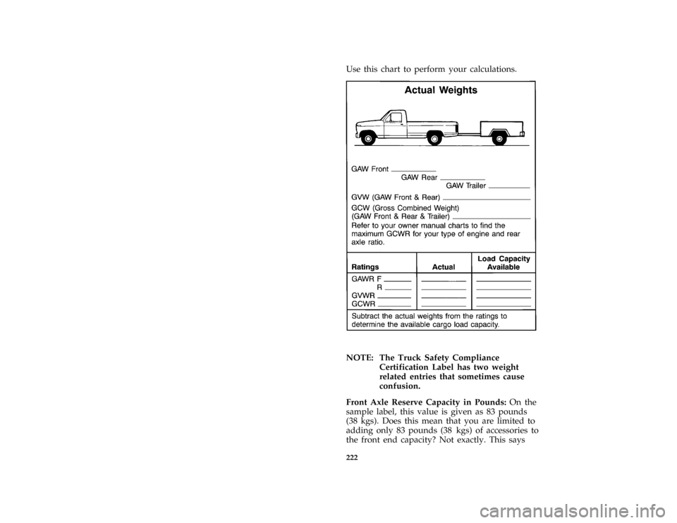 FORD F150 1996 10.G Owners Manual 222
*
[DR31751( ALL)03/91]
Use this chart to perform your calculations.
*
[DR31801(B FM)03/94]
twenty-six pica chart:0020838-D
*
[DR31851( ALL)03/91]
NOTE: The Truck Safety Compliance
Certification La