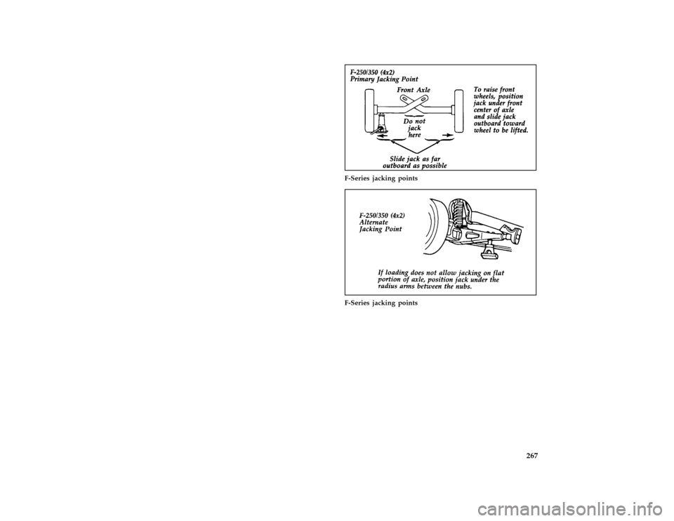 FORD F150 1996 10.G Owners Manual 267
*
[RE19500( F )05/90]
one third page art:0020300-A
F-Series jacking points
*
[RE19600( F )05/90]
one third page art:0020301-A
F-Series jacking points
File:ltref.ex
Update:Thu May  9 15:24:41 1996 