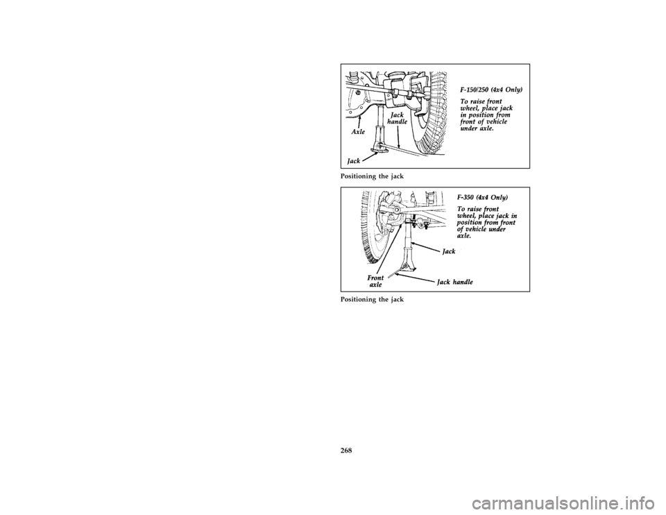 FORD F150 1996 10.G Owners Manual 268
*
[RE19700( F )05/90]
one third page art:0020302-A
Positioning the jack
*
[RE19800( F )05/90]
one third page art:0020303-A
Positioning the jack
File:ltref.ex
Update:Thu May  9 15:24:41 1996 
